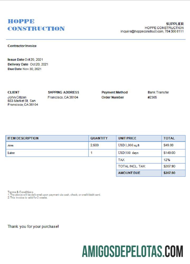 Fatura de construção Hope dos EUA modelo